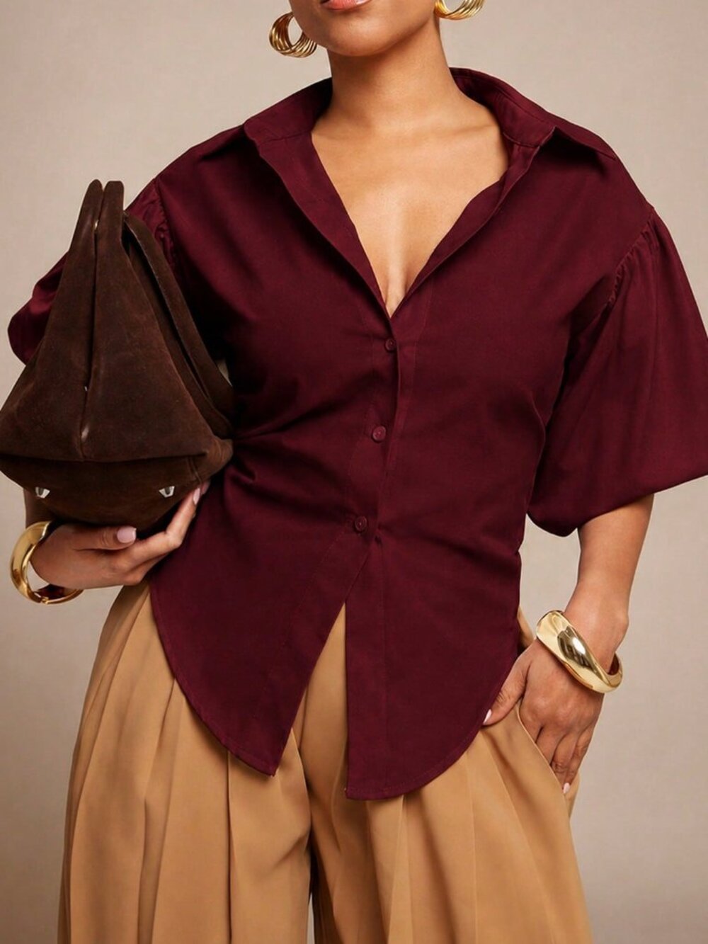 Burgundy Casual Women's Collared Button Up Long Sleeve Top